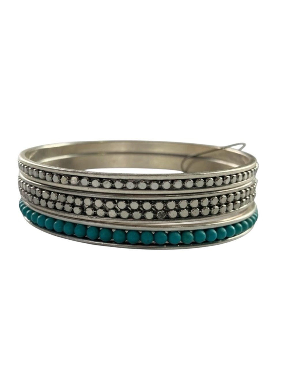 Chicos Silver Tone Turquoise Beaded‎ Stackable Bangle Bracelet Set Women